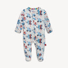 Baby onesie with vehicle pattern on a white background
