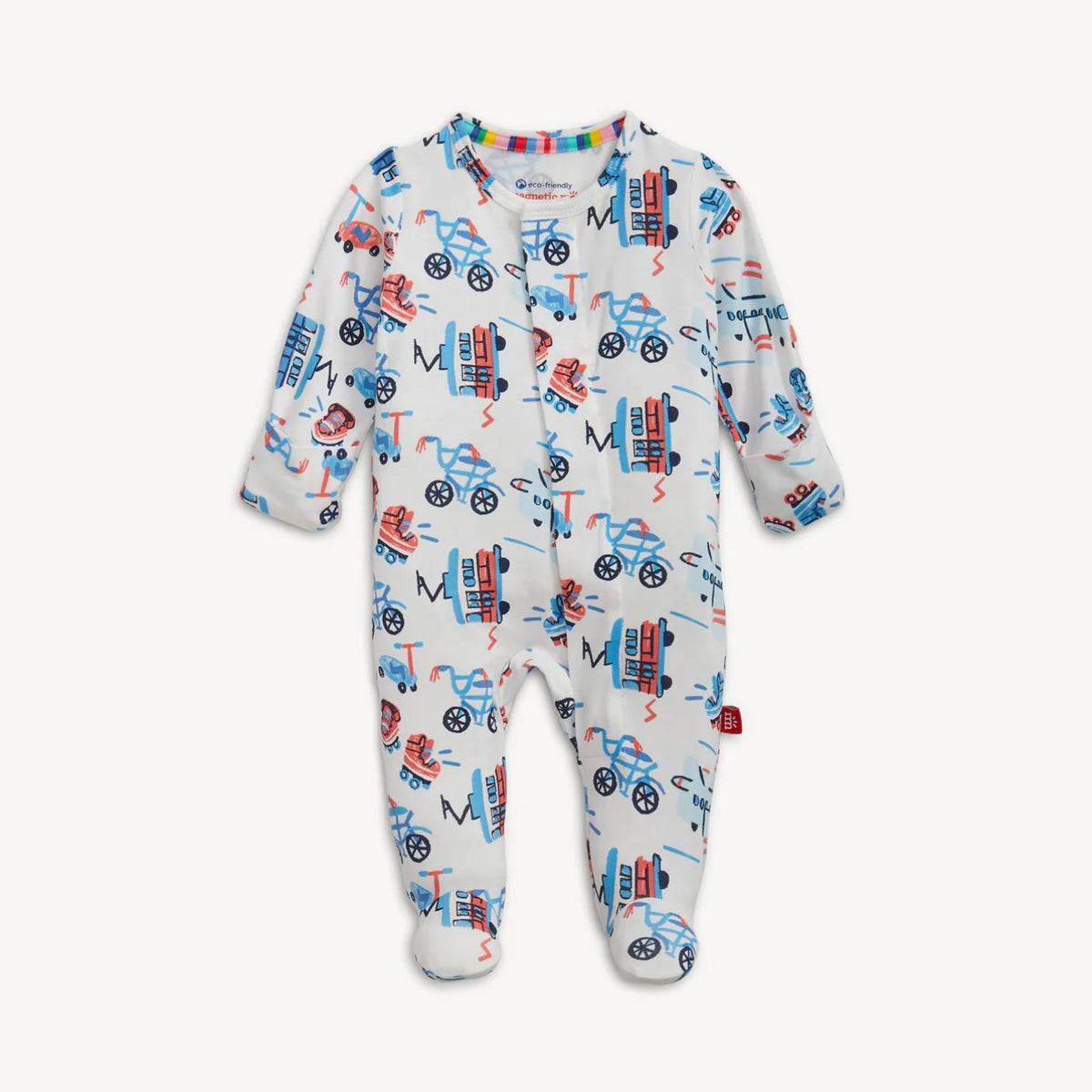Baby onesie with vehicle pattern on a white background