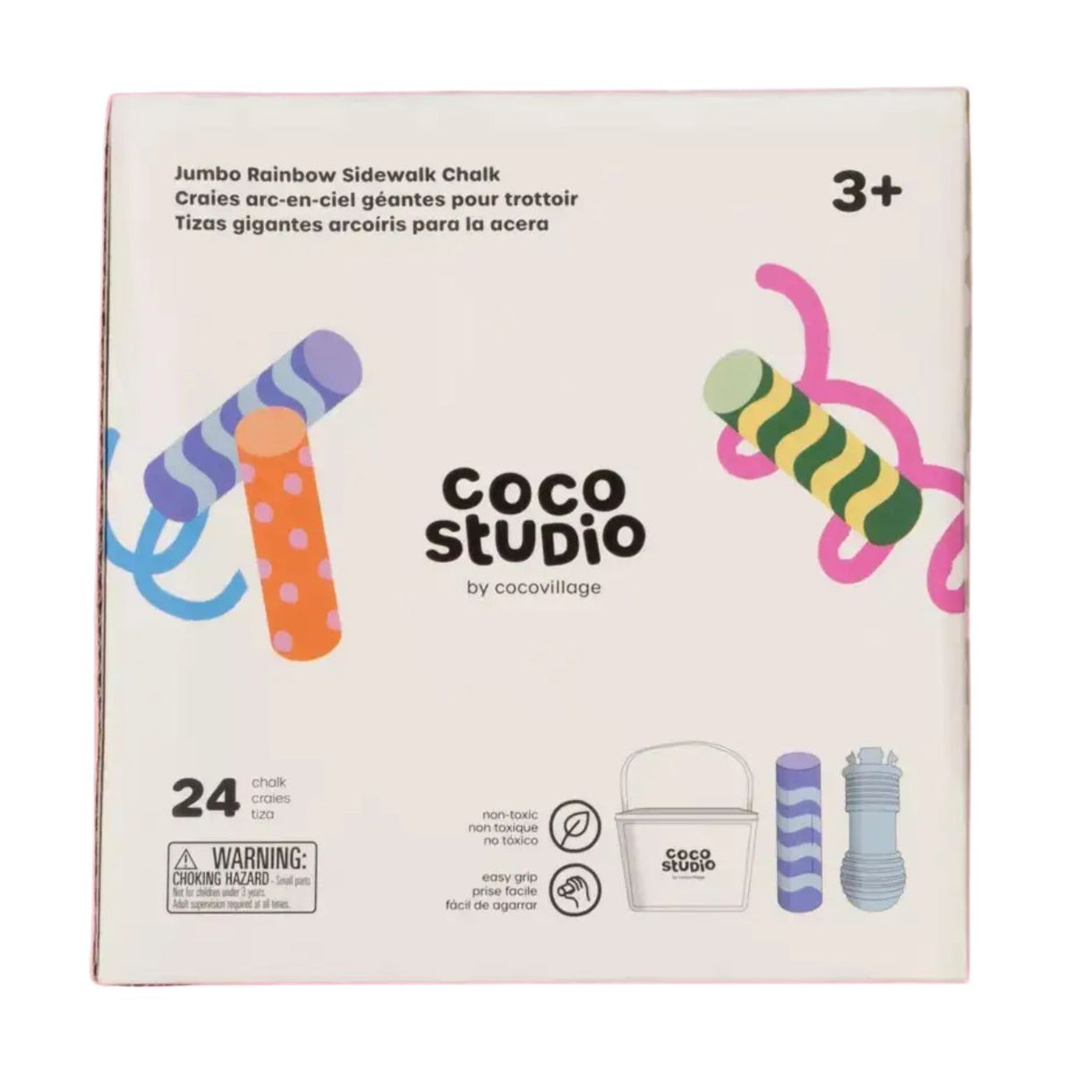 Coco Studio Jumbo Rainbow Sidewalk Chalk box by cocovillage, showing a white package with colorful illustrations of rainbow chalk sticks and product icons, including a bucket and a blue textured stick.