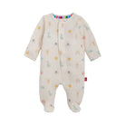 Baby onesie with colorful patterns on a white background