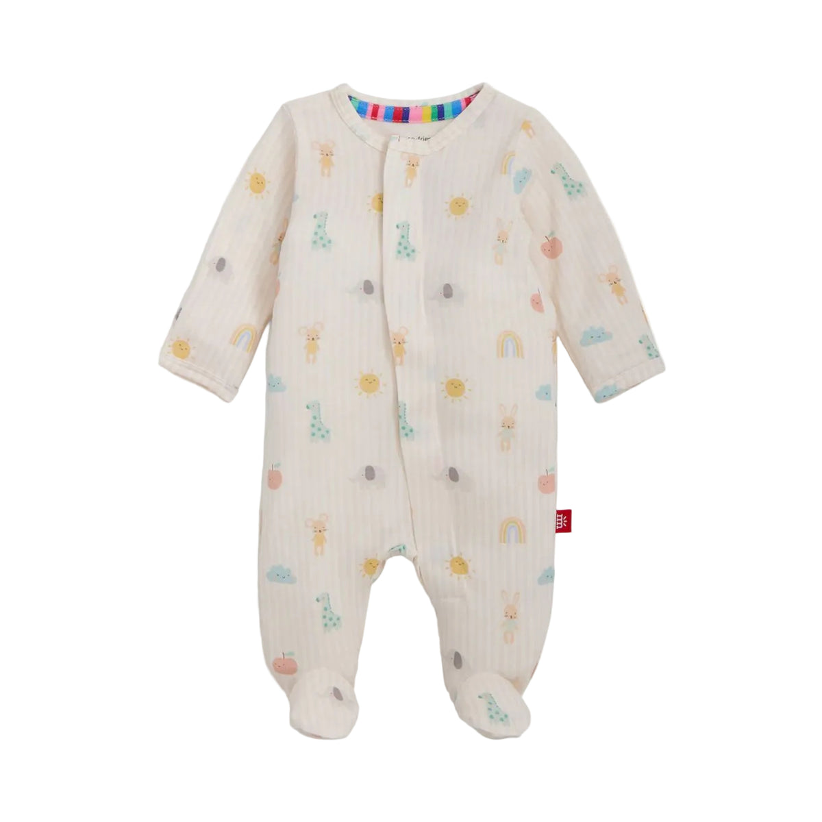 Baby onesie with colorful patterns on a white background