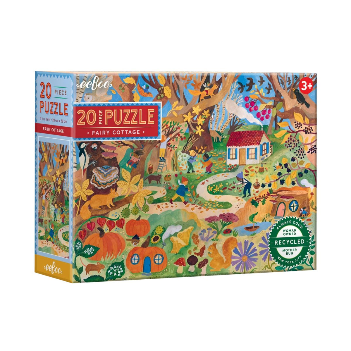 20 Piece Puzzle - Fairy Cottage by Eeboo product box featuring whimsical autumnal artwork by Gemma Koomen, showing an enchanted forest scene with a tiny cottage, forest wildlife, fairies, and colorful autumn leaves.
