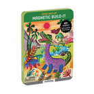 Magnetic build-it toy packaging with colorful dinosaurs and tropical plants on a white background