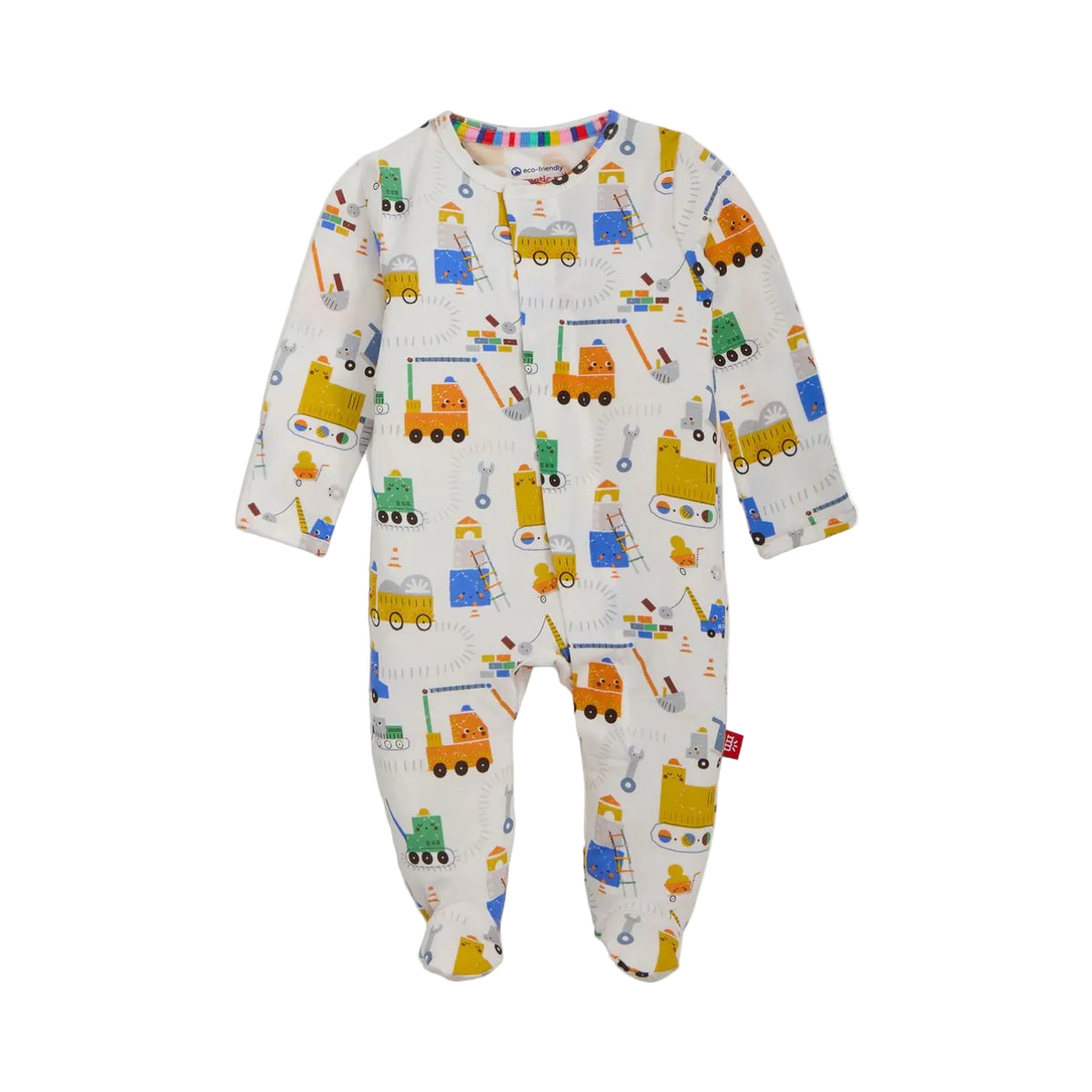A baby footed one-piece sleeper with long sleeves and an all-over construction vehicle print, shown against a plain white background.
