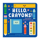 Book cover of 'Hello, Crayons!' with colorful illustrations of school supplies on a blue background.