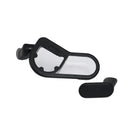 A black car side mirror with an integrated rearview mirror and a separate small black knob, shown on a plain white background.