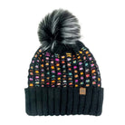 Black knit beanie with colorful pattern and gray pom-pom on a white background