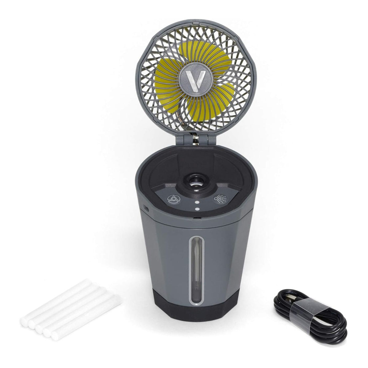 A portable electric fan with a gray body and open top, featuring a yellow fan blade inside. The fan is shown on a white background with five white replacement brush sticks and a black power cable.