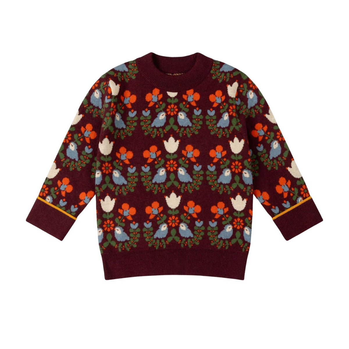 A long-sleeve crewneck sweater featuring a repeating knit pattern of bluebirds, orange flowers, and white tulips on a deep burgundy background, with ribbed cuffs and hem.