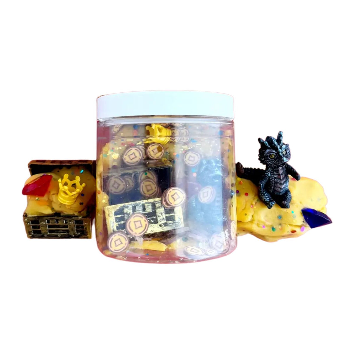 Clear container with small figurines on a white background
