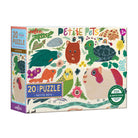Product packaging for the Eeboo Petite Pets 20-Piece Jigsaw Puzzle, featuring colorful illustrations of various small pets such as a guinea pig, parakeet, turtle, and lizard arranged in a playful garden setting.