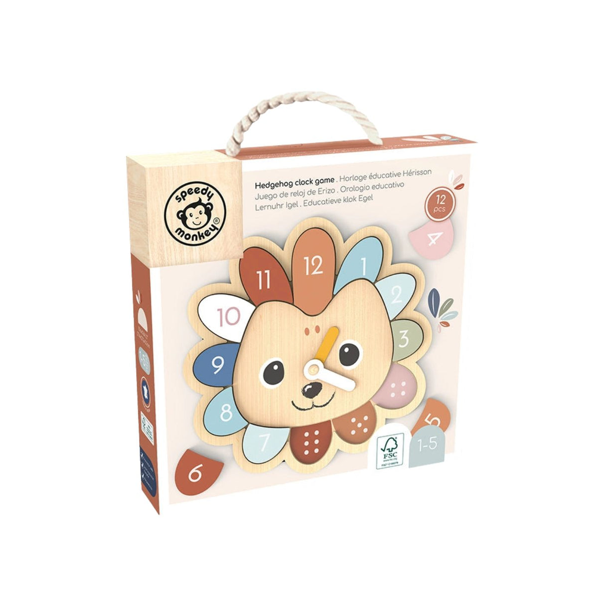 Boxed hedgehog clock game by Speedy Monkey on a white background