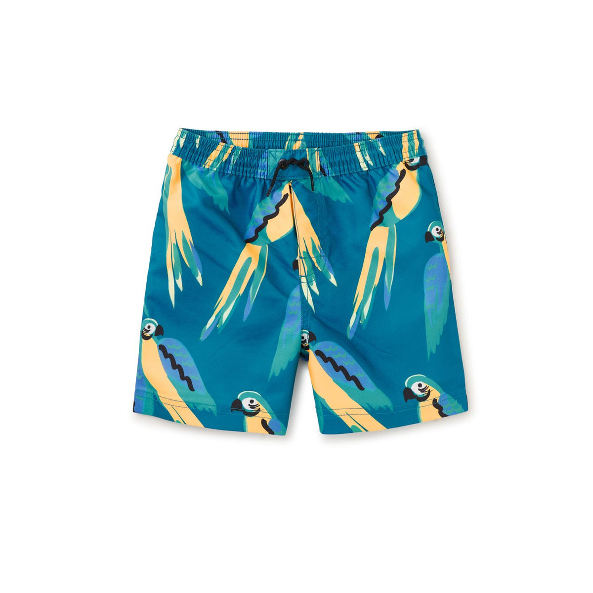 Blue swim shorts with parrot pattern on a white background