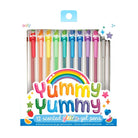 A package of Oaly 'Yummy Yummy' 12 scented glitter gel pens, featuring a rainbow graphic and colorful cartoon illustrations on a white background.
