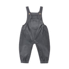 A pair of dark gray corduroy baby overalls with adjustable shoulder straps, button closures, and elasticized ankle cuffs, shown flat on a white background.