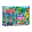 Product packaging for the 20 Piece Puzzle - Yumi's Village by Eeboo, featuring a vibrant illustration of a busy village community with colorful shops, whimsical characters, and a 3+ age recommendation badge in the top right corner.