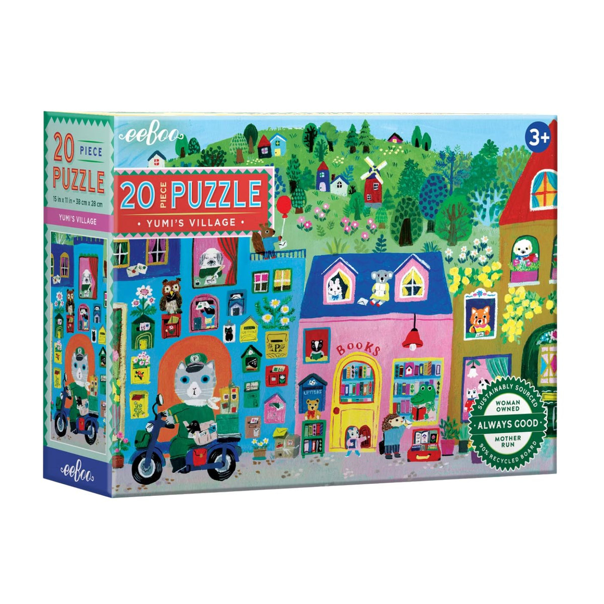 Product packaging for the 20 Piece Puzzle - Yumi's Village by Eeboo, featuring a vibrant illustration of a busy village community with colorful shops, whimsical characters, and a 3+ age recommendation badge in the top right corner.