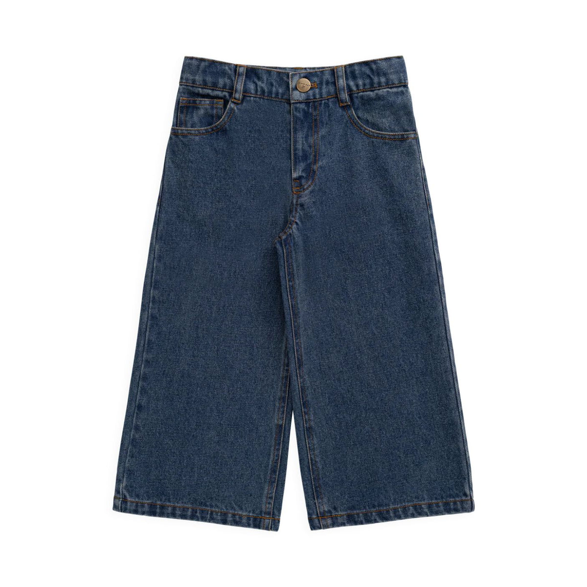 A pair of dark blue denim cropped pants with a straight-leg fit, shown flat against a plain white background.