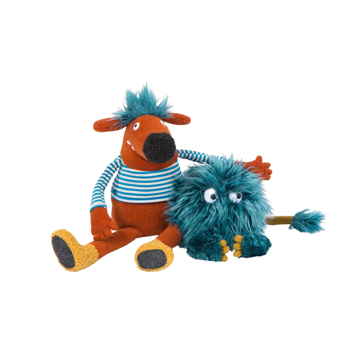Plush toy with a striped shirt and another plush toy on a white background