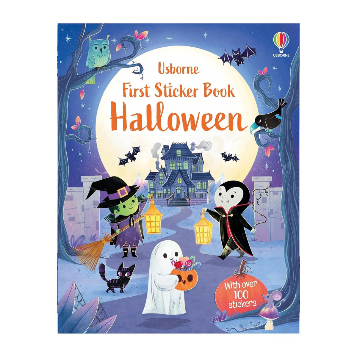 Usborne First Sticker Book Halloween, featuring a colorful illustrated cover with a haunted house, full moon, bats, a witch on a broomstick, a vampire, a ghost, and a black cat under a purple night sky.