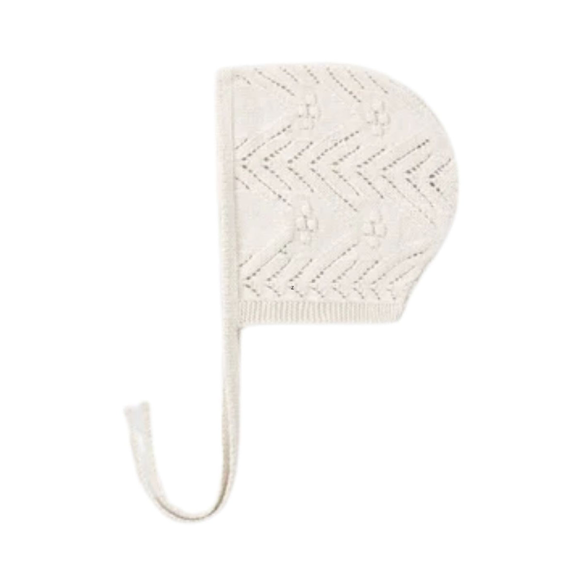 An off-white knit baby bonnet with a chevron pattern and a long tie strap, shown against a plain white background.