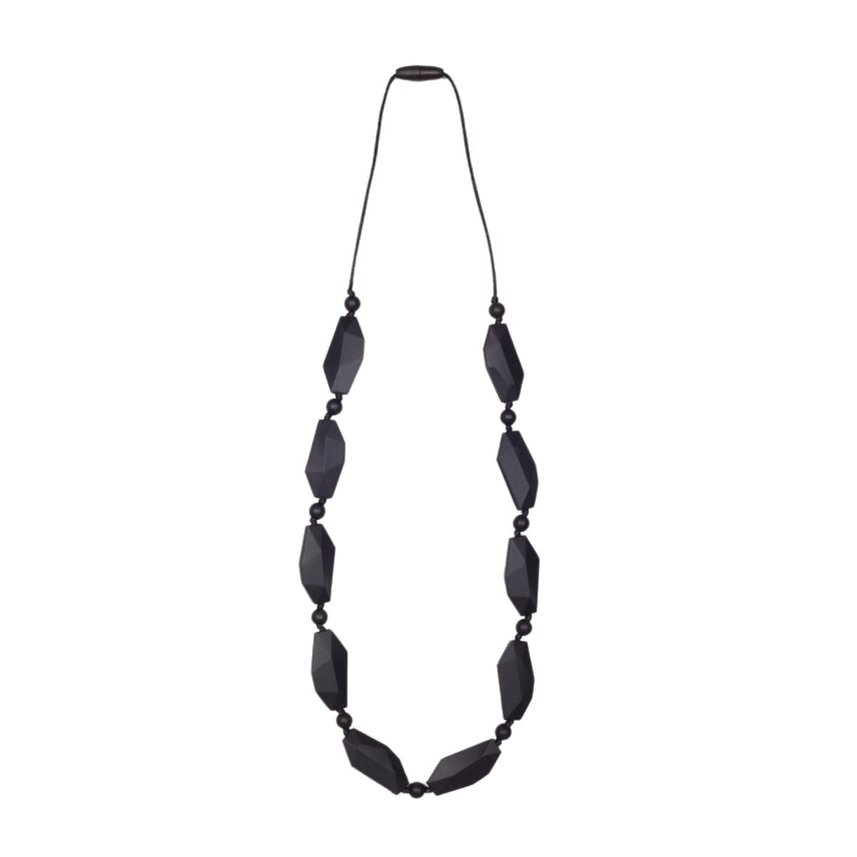 A black beaded necklace with elongated faceted beads and small spacer beads on a thin cord, shown against a plain white background.