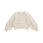 A cream-colored knit cardigan sweater for toddlers, featuring a delicate all-over floral pattern in light purple and green, with button-front closure and ribbed cuffs and hem.