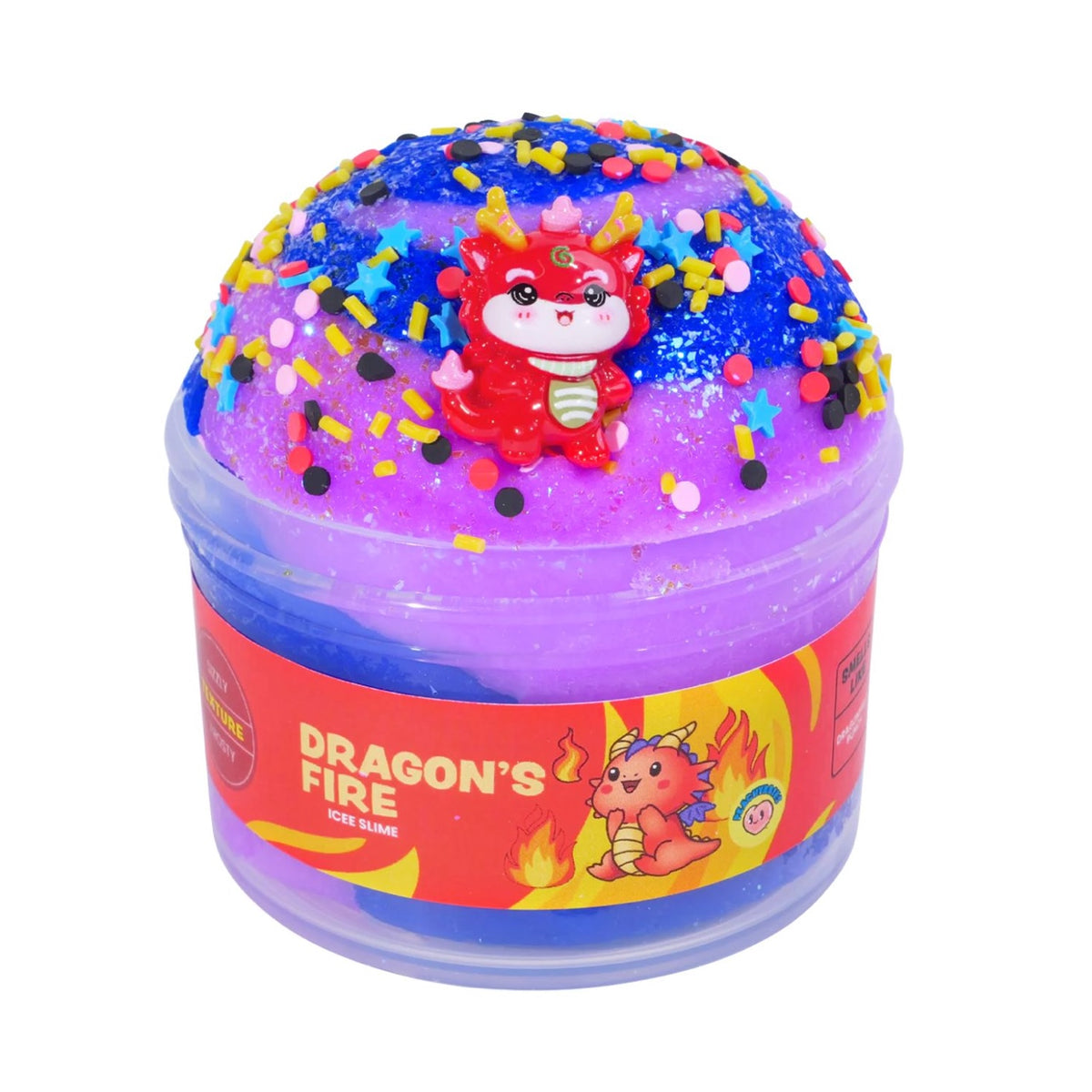 Squishy toy with colorful sprinkles and a dragon design on a white background