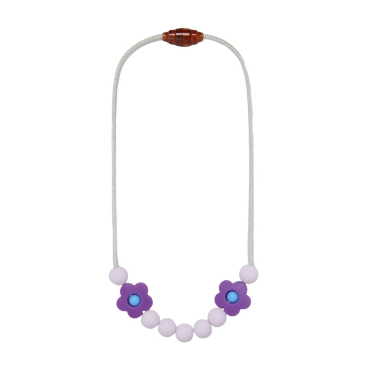 A silicone beaded necklace for toddlers, featuring purple flower beads with blue centers, light purple round beads, and a brown wooden toggle clasp on a white cord.