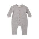 A baby long-sleeve romper in a gray and white gingham check pattern, featuring a snap-button front and two front patch pockets, shown on a plain white background.
