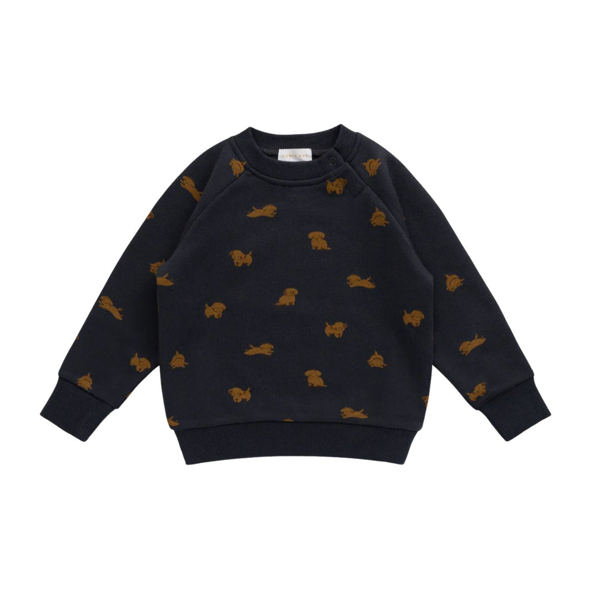 A dark navy blue long-sleeve crewneck sweatshirt with an all-over pattern of small tan dog silhouettes, laid flat against a solid white background.