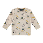 Children's long-sleeve shirt with sports-themed graphics on a white background