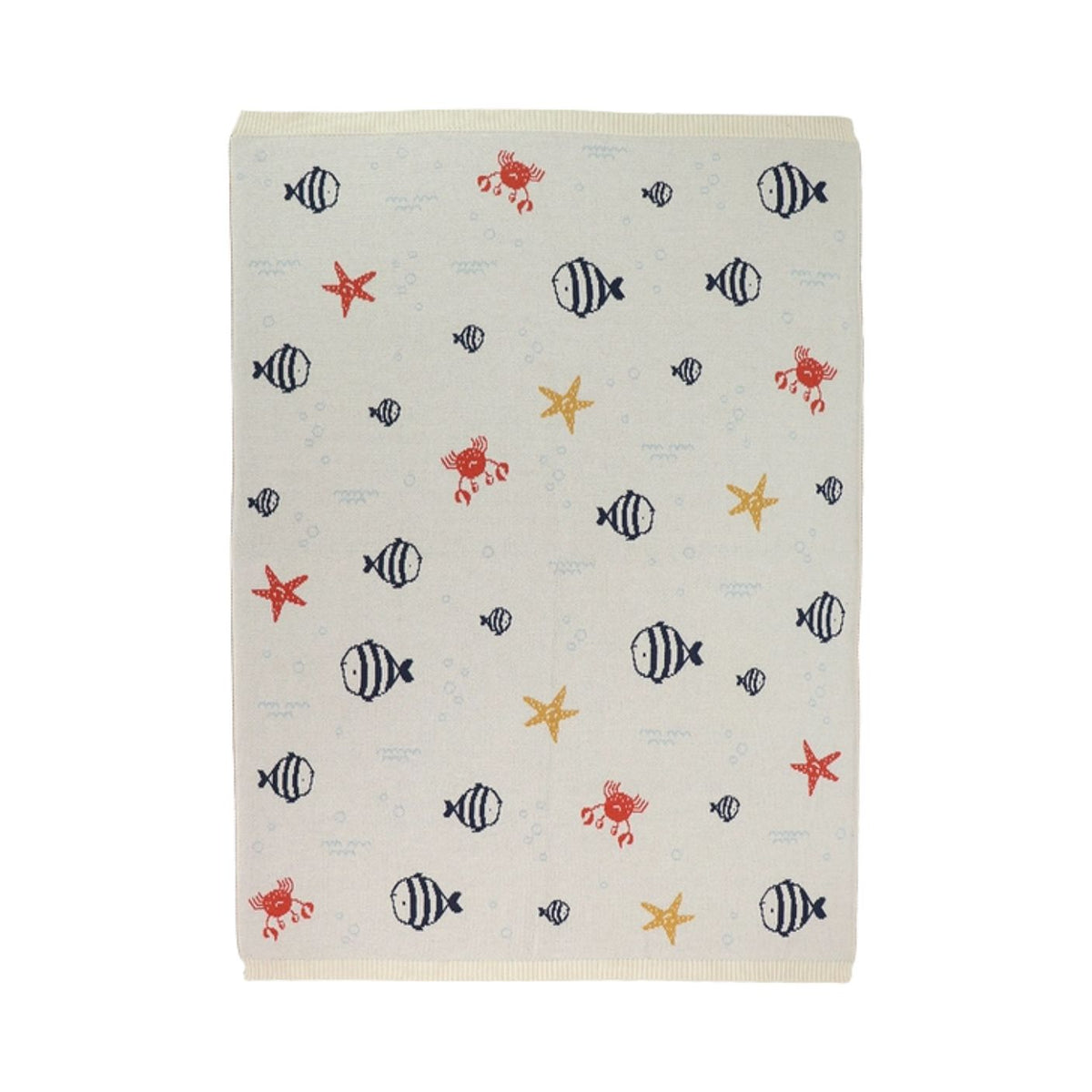A rectangular baby blanket with a nautical pattern of striped fish, starfish, and crabs on a cream background, shown flat against a white background.