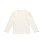 An off-white long-sleeve blouse with a ruffled mock neck, pleated texture, and ruffled cuffs, shown flat on a white background.