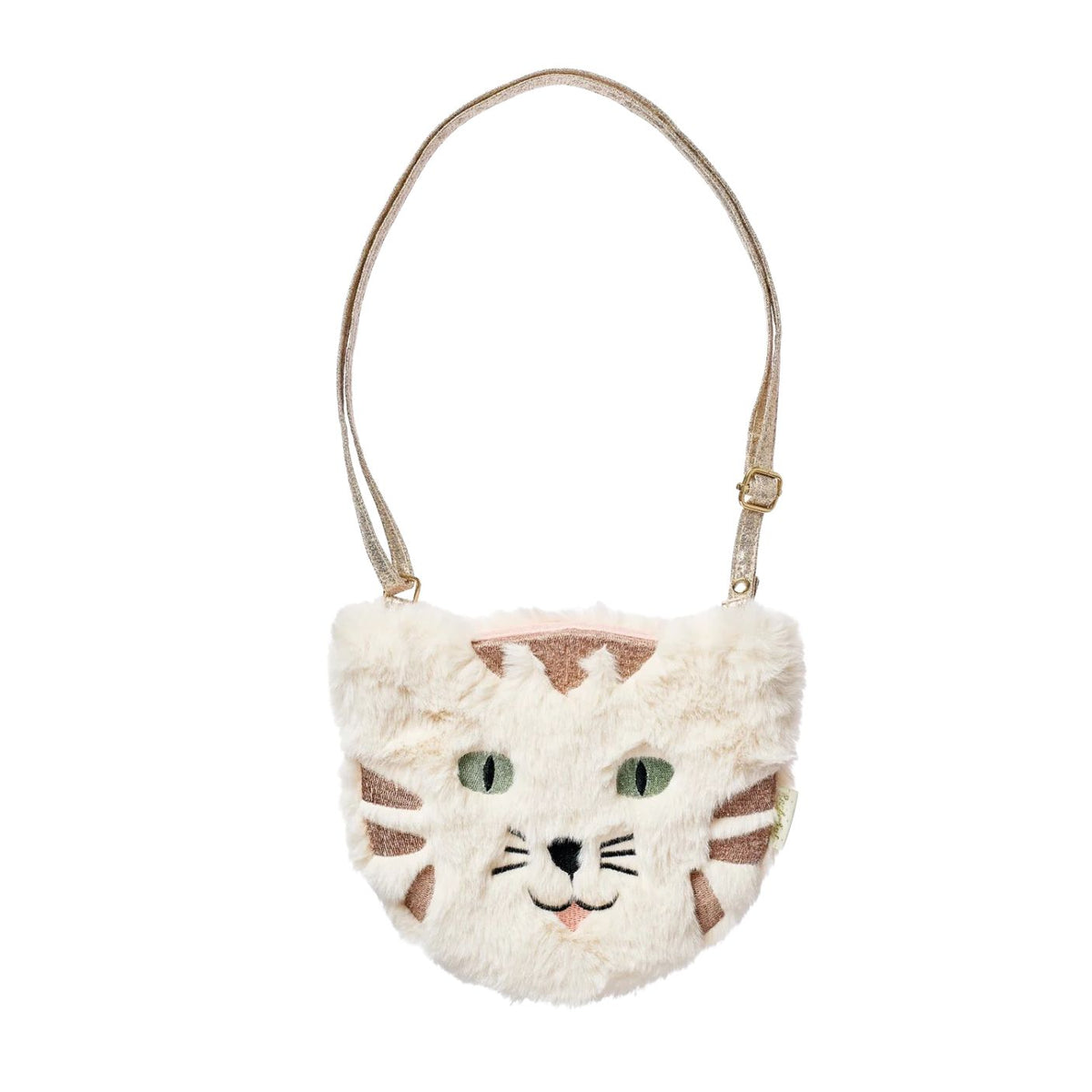 A small plush cat-face shoulder bag with a fluffy cream body, embroidered orange and brown stripes, green eyes, and a metallic gold strap on a plain white background.