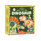 Product box for the Dinosaur Dice Game by Eeboo featuring illustrated dinosaurs, a "Glow in the Dark" badge, and text reading "Roll for the Dinosaur."