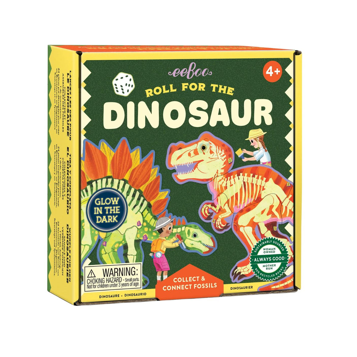 Product box for the Dinosaur Dice Game by Eeboo featuring illustrated dinosaurs, a "Glow in the Dark" badge, and text reading "Roll for the Dinosaur."