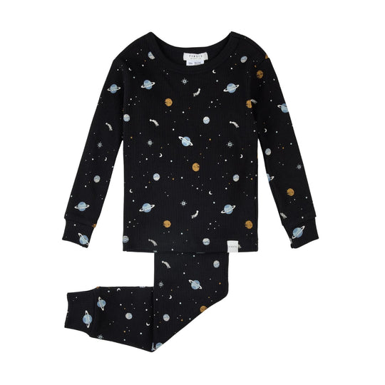 Galaxy Print on Black Pajama Set by Petit Lem