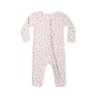 A baby long-sleeve footless romper in a pale blush pink color, featuring a delicate all-over floral print and a ruffle detail down the front center, shown against a plain white background.