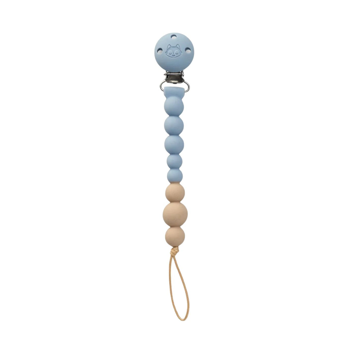 A baby pacifier clip with a light blue silicone top, a metal clip, a row of light blue silicone beads, natural wooden beads, and a tan silicone wrist strap, shown on a plain white background.