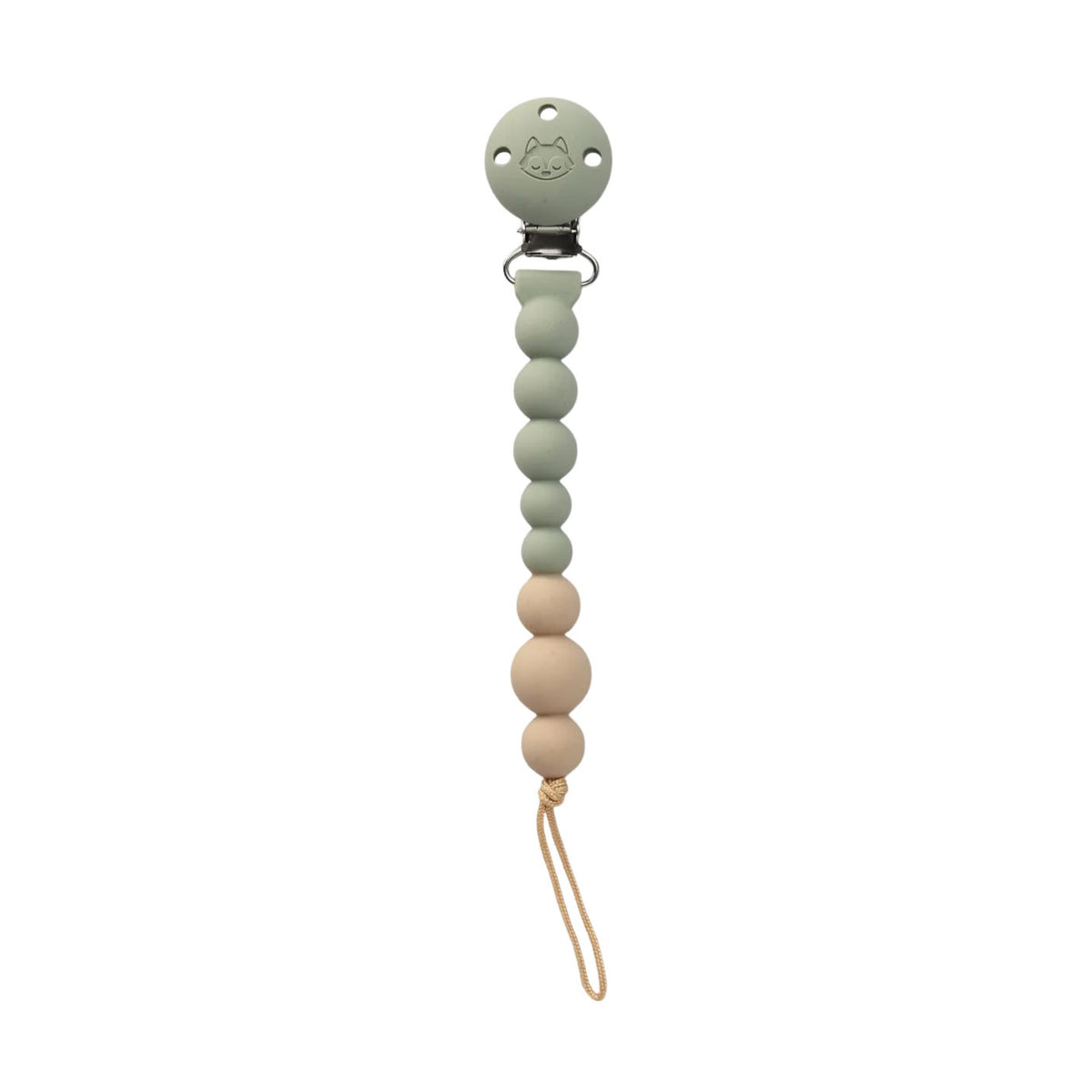 A baby pacifier clip with a sage green silicone top piece featuring an engraved cat face, connected to a series of wooden beads in sage green and light beige, with a tan loop at the bottom, shown on a solid white background.