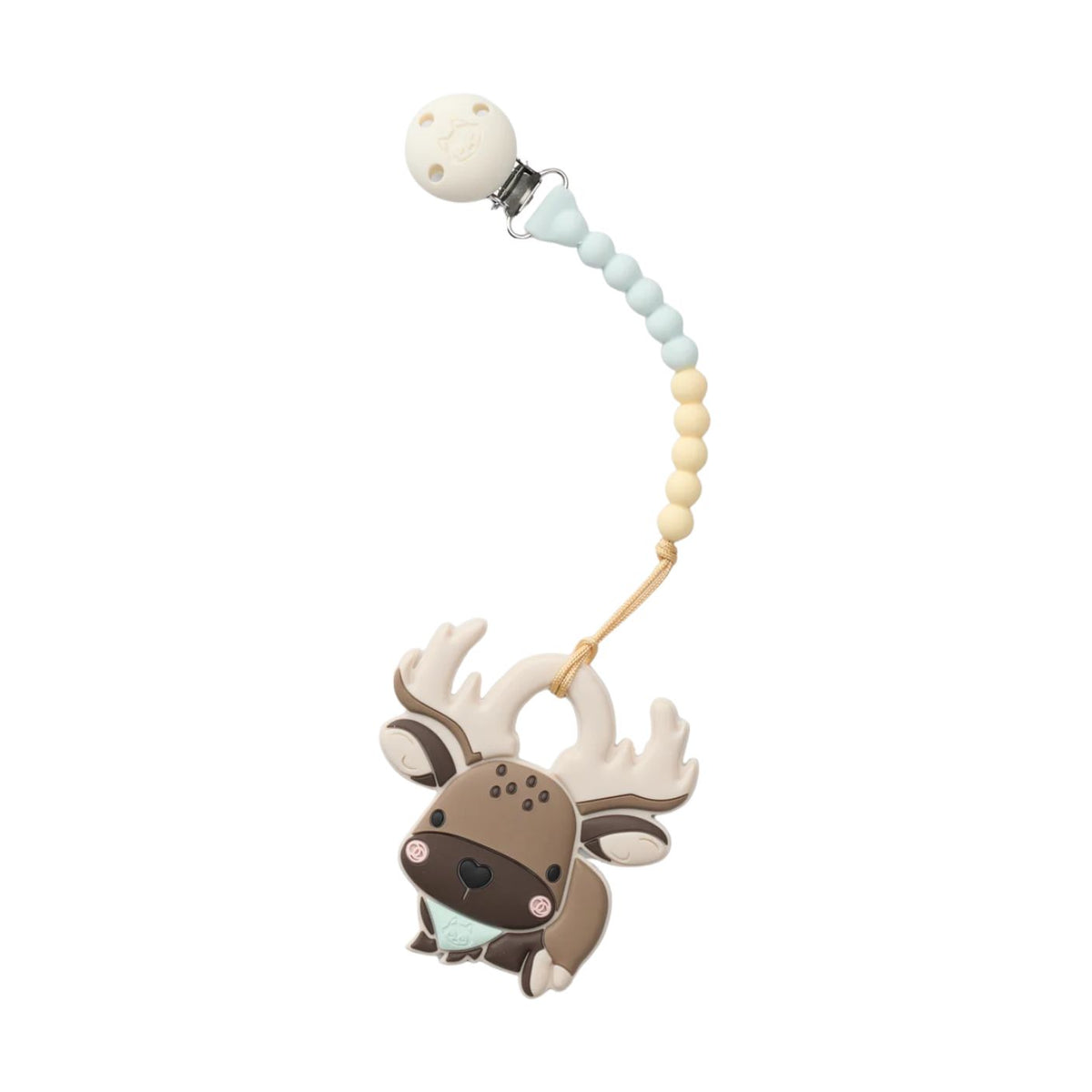 A baby teething ring featuring a cute cartoon reindeer charm with antlers, attached to a wooden bead chain with a white silicone clip.