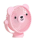 A pink bear-shaped portable desk fan with a cute black face design on the front grille, shown on a solid white background.