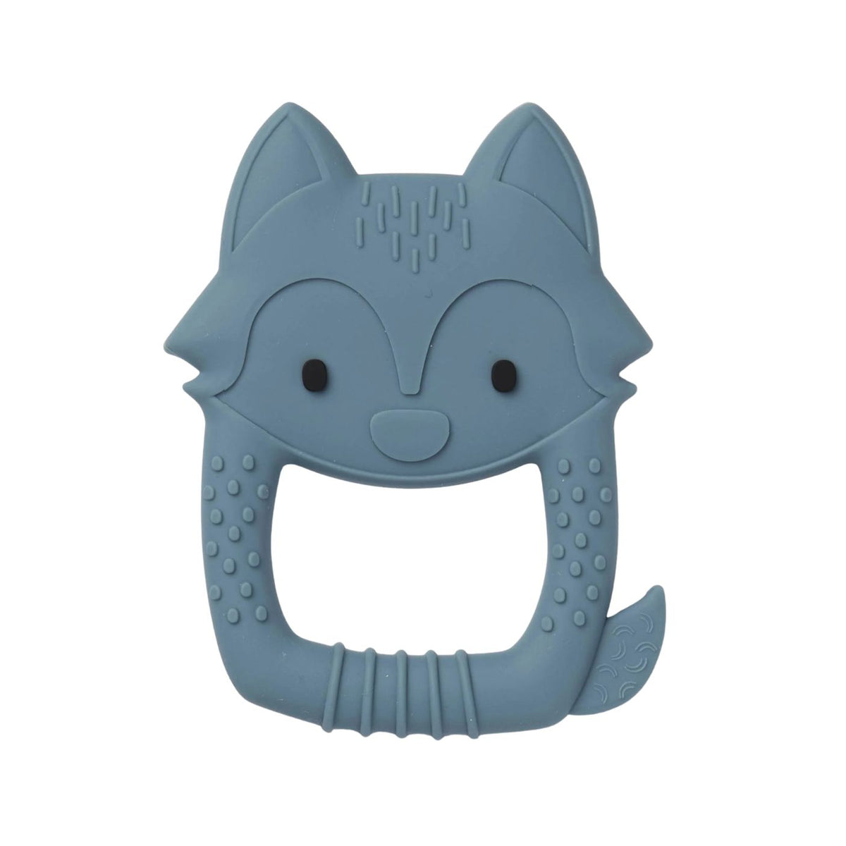 A blue-gray silicone baby teether shaped like a cartoon fox head, featuring textured grips and a small tail on a plain white background.