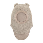 Camel melange wool teddy balaclava with bear ears by Huttelihut viewed from the front.