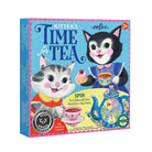 Kitten's Time for Tea Spinner Game box by eeBoo, showing whimsical illustrations of two cats dressed in Victorian-era clothing at a tea party, along with a teapot spinner, teacups, and text reading "Spin to Collect All You Need for a Tea Party."