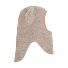 A camel melange wool blend balaclava featuring long, floppy bunny ears on top, presented against a white background.