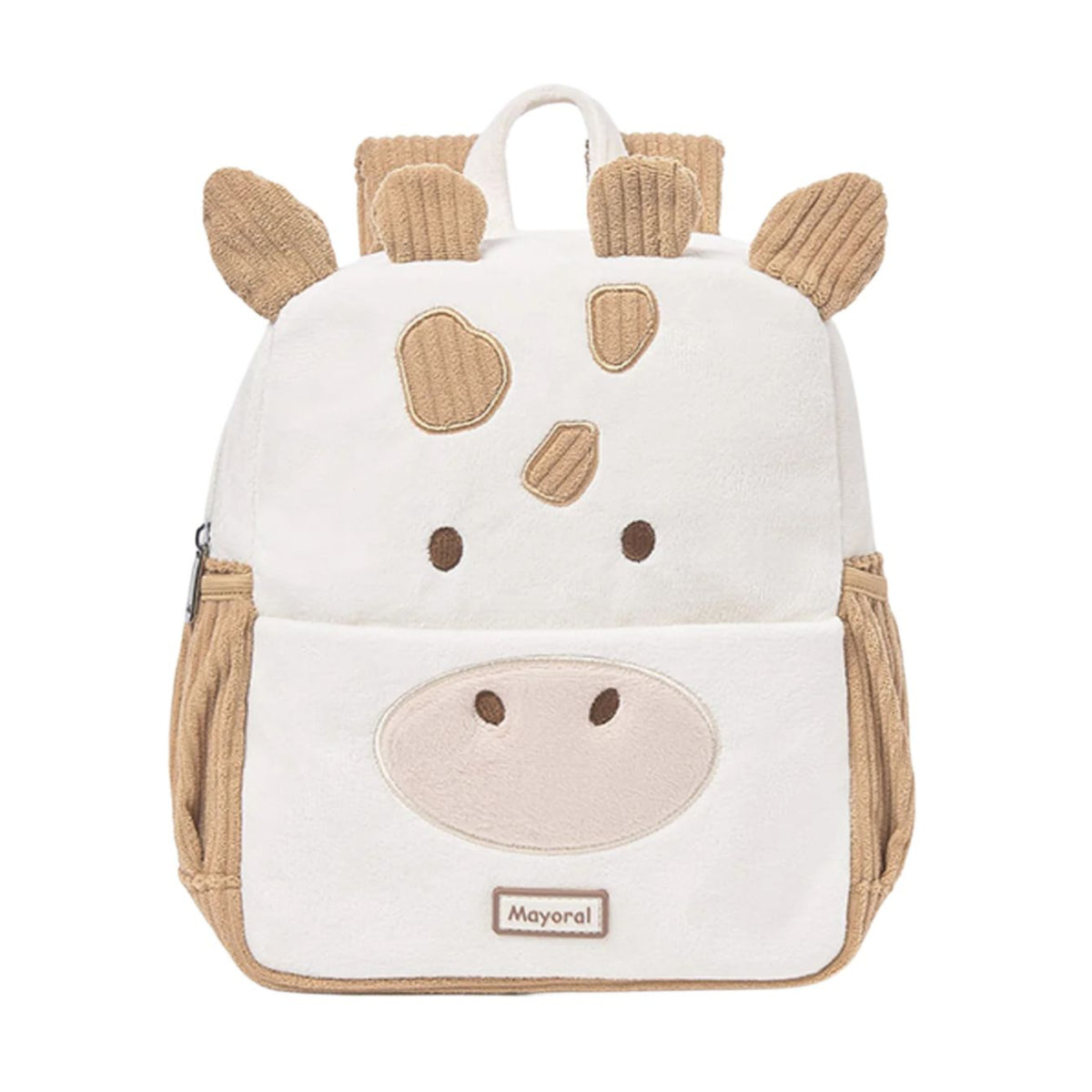 Children's backpack designed like a cow with a visible brand label on a white background