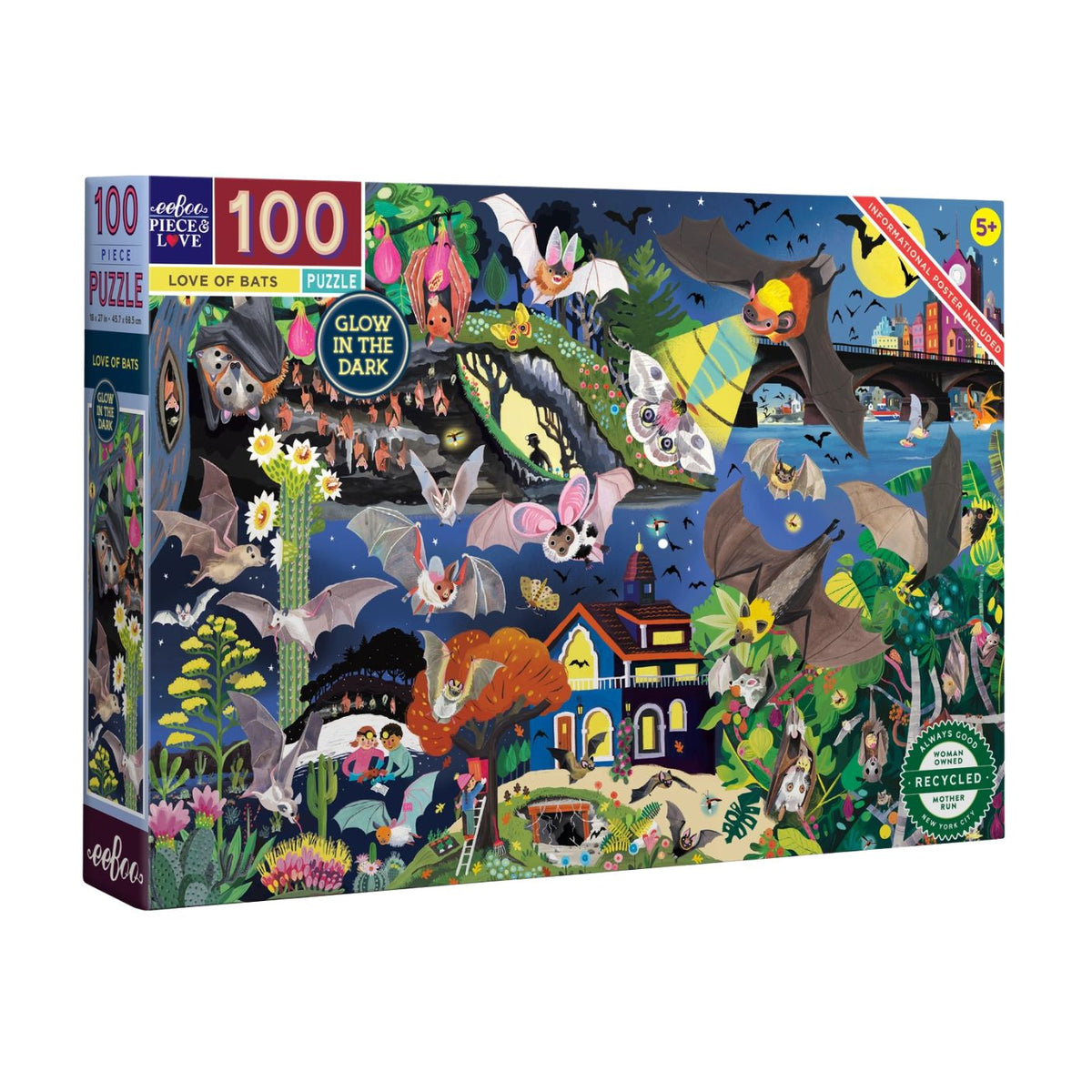 Jigsaw puzzle box featuring a bat-themed design with colorful illustrations on a white background.