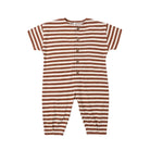 A short-sleeve baby romper with horizontal rust brown and cream stripes, featuring a buttoned henley neckline, photographed flat against a solid white background.